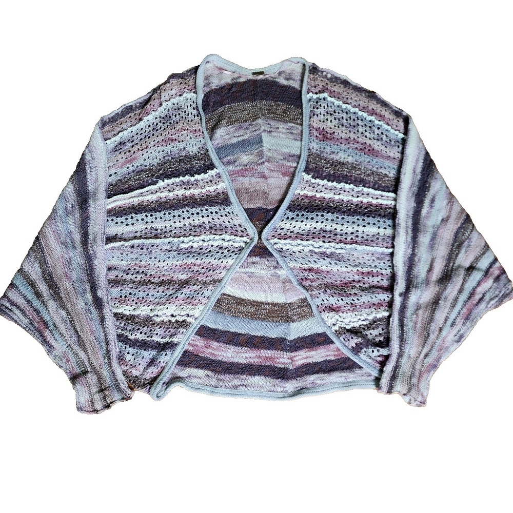 Free People Boho Cardigan Sweater Purple Striped Cotton Linen Dolman Open Knit